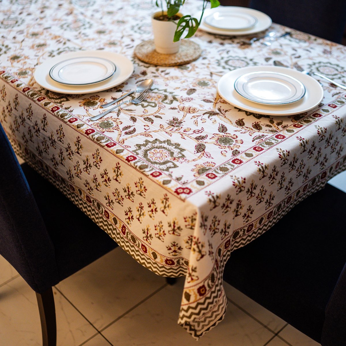 Green Garden 6 Seater Dining Table Cover, Block Print, 100% Cotton, 60" x 90" - Coral Slub -